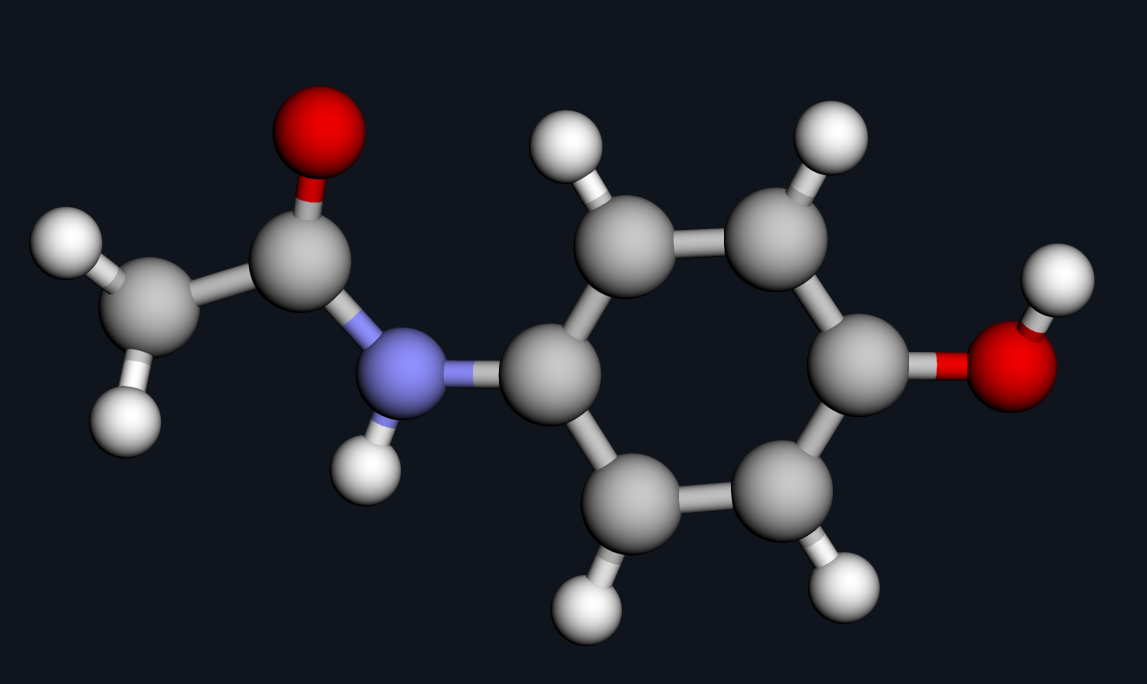 Interactive 3D molecular dynamics simulator showing the Paracetamol molecule